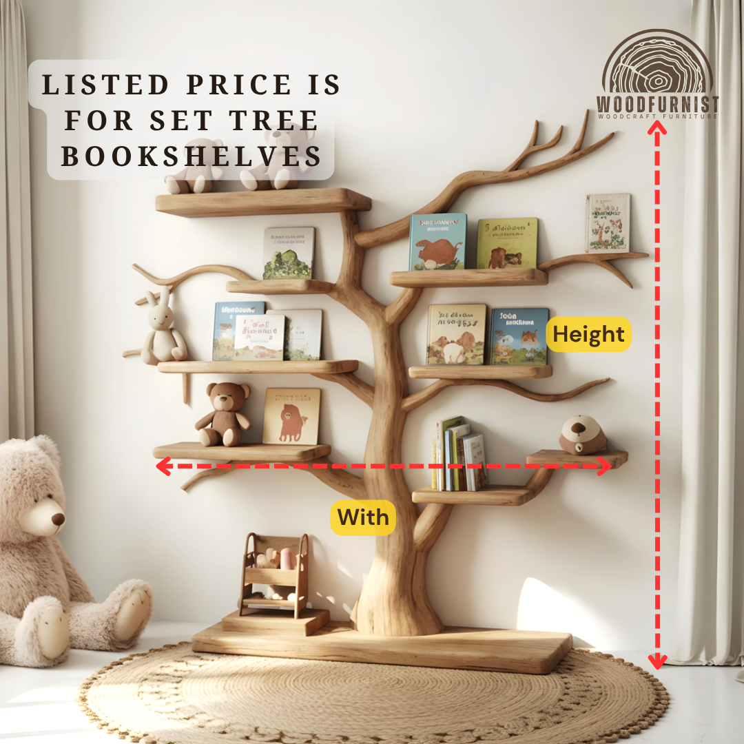 Solid Wood Tree Bookshelf – Sculptural Kids Room Wall Shelf for Nursery Decor