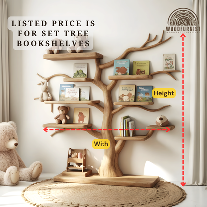 Solid Wood Tree Bookshelf – Sculptural Kids Room Wall Shelf for Nursery Decor