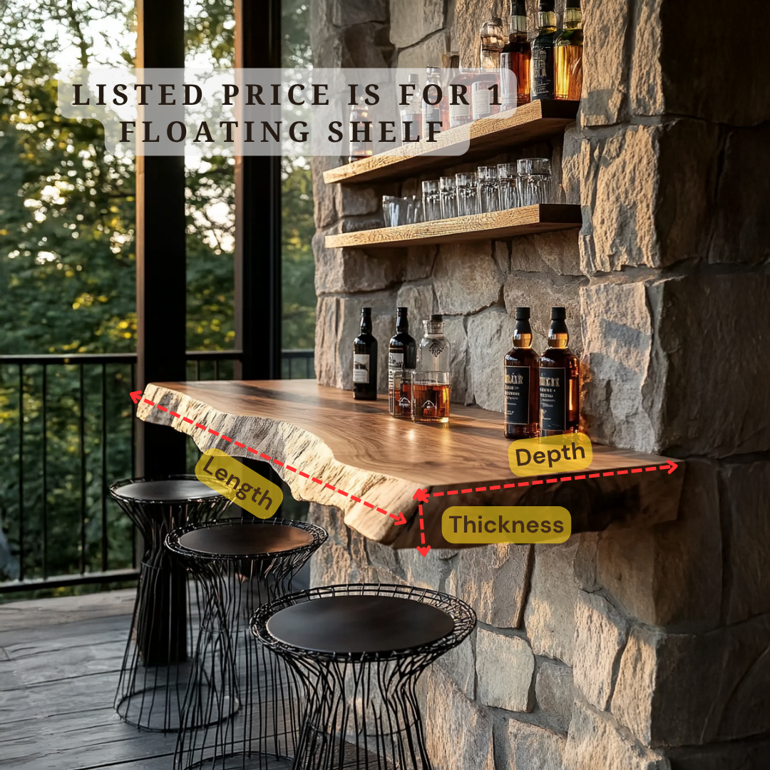 Live Edge Floating Bar Table – Solid Wood Wall-Mounted Whiskey Bar Counter & Shelf WFNVA0019