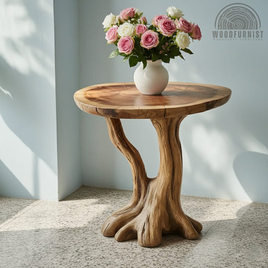 Handcrafted Solid Wood Round End Table – Sculptural Tree Root Base Living Room Table WFNED2109
