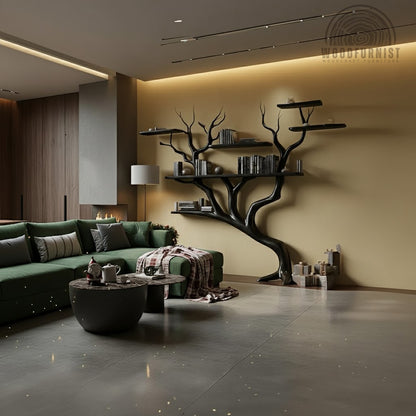 Modern Black Tree Branch Bookshelf – Handmade Wall Shelf Statement Piece WFNVA2039