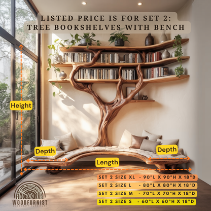 Standing Tree Bookshelf – Handmade Natural Wood Tree Shelf with Bench Seating WFNED0160