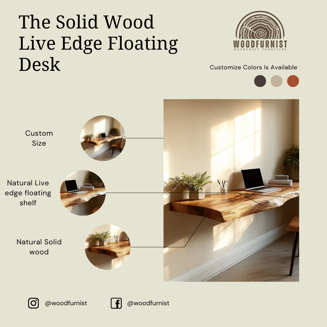 Floating Wood Desk – Handmade Live Edge Wall Desk for Modern Home Office WFNED0180
