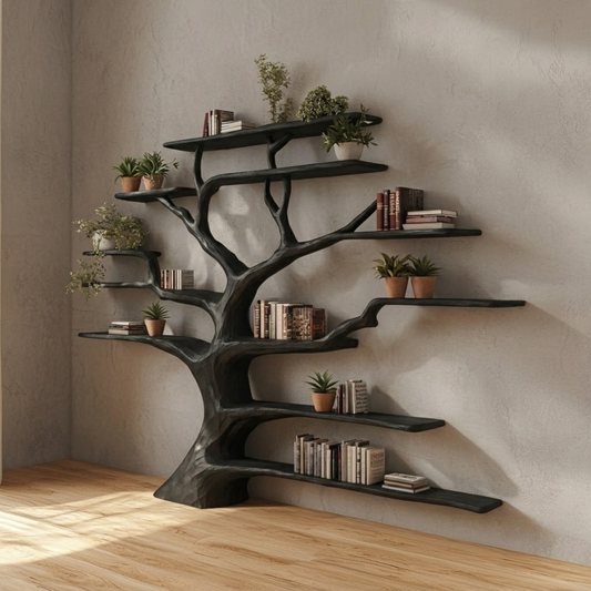 Evergrove Sculptural Wood Tree Bookshelf in Black finish with freestanding trunk and branch shelves