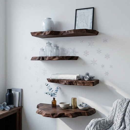 Hearthwood Live Edge Wood Floating Shelf in Walnut finish with natural live edge front