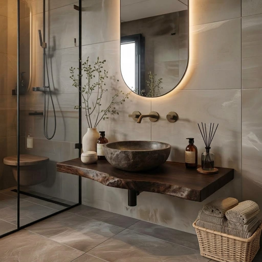 Mossbank live edge wood bathroom vanity in Walnut finish with organic live edge and clean floating silhouette in a