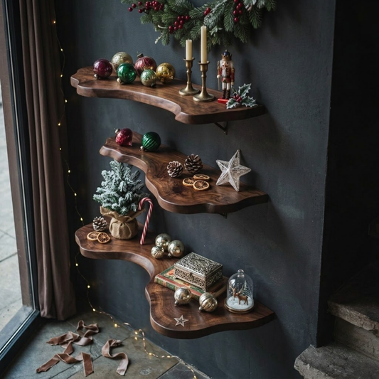 Ashgrove Live Edge Wood Floating Shelf in Walnut finish with rustic live edge front