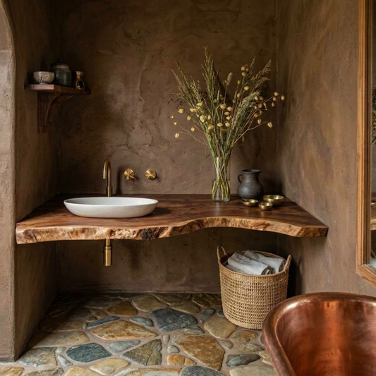 Cedarfall live edge wood bathroom vanity in Walnut finish with natural live edge and wall-mounted floating profile in a