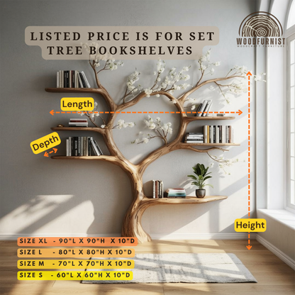Standing Tree Bookshelf – Handmade Wooden Tree Bookcase with Blossom Branch Shelves WFNED0170