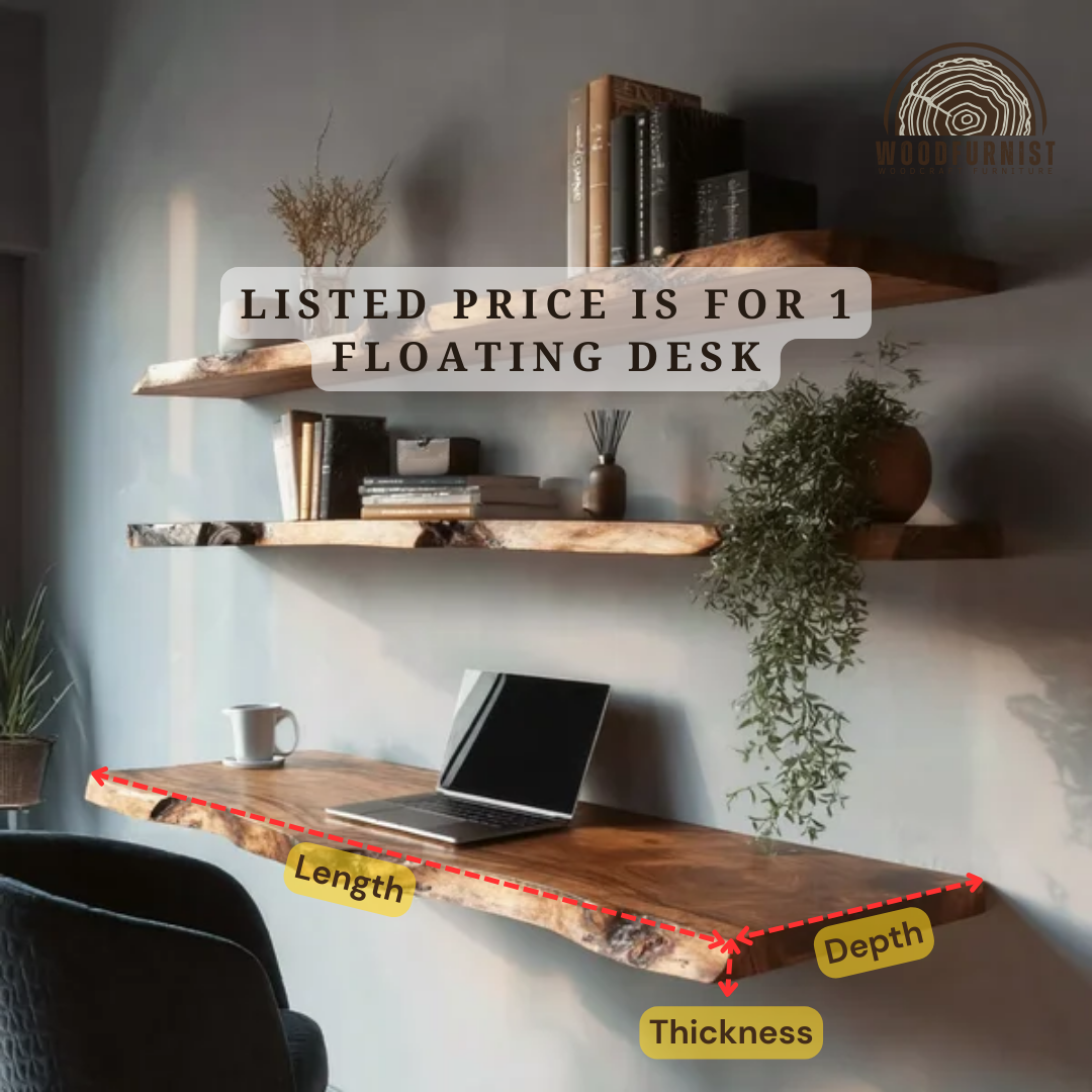 Live Edge Floating Desk – Solid Wood Wall-Mounted Workspace for Home Office WFNED0173