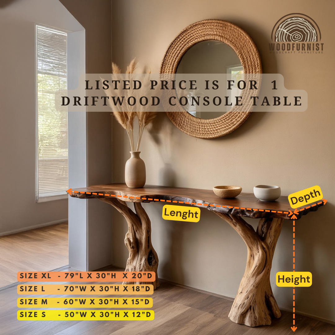Live Edge Console Table – Handmade Solid Wood Entryway Table with Natural Tree Base WFNED0172