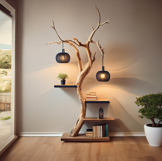 Tree floor lamp woven lampshade tree branch floor lamp (No Lamp Included)