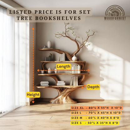 Standing Tree Bookshelf – Handmade Wooden Tree Bookcase with Branch Shelves WFNED0171