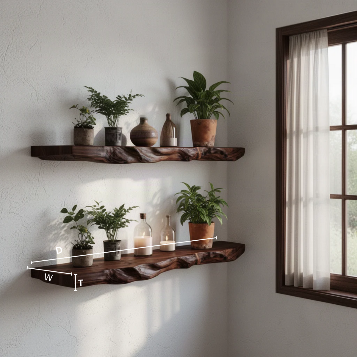 Timberline live edge wood floating shelf dimensions diagram showing the measurements of each available size
