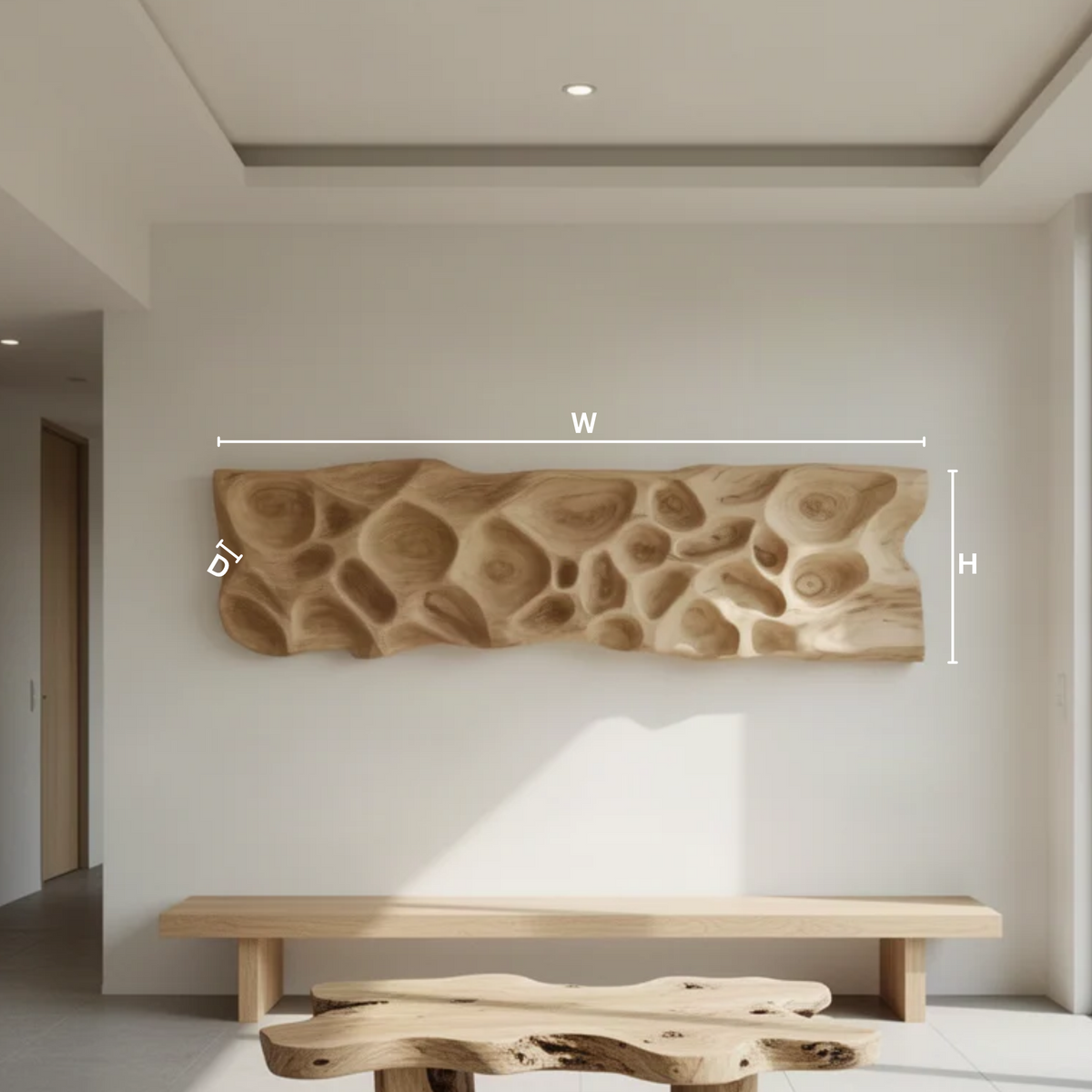 Riverstone sculptural wood wall art panel dimensions diagram showing the measurements of each available size