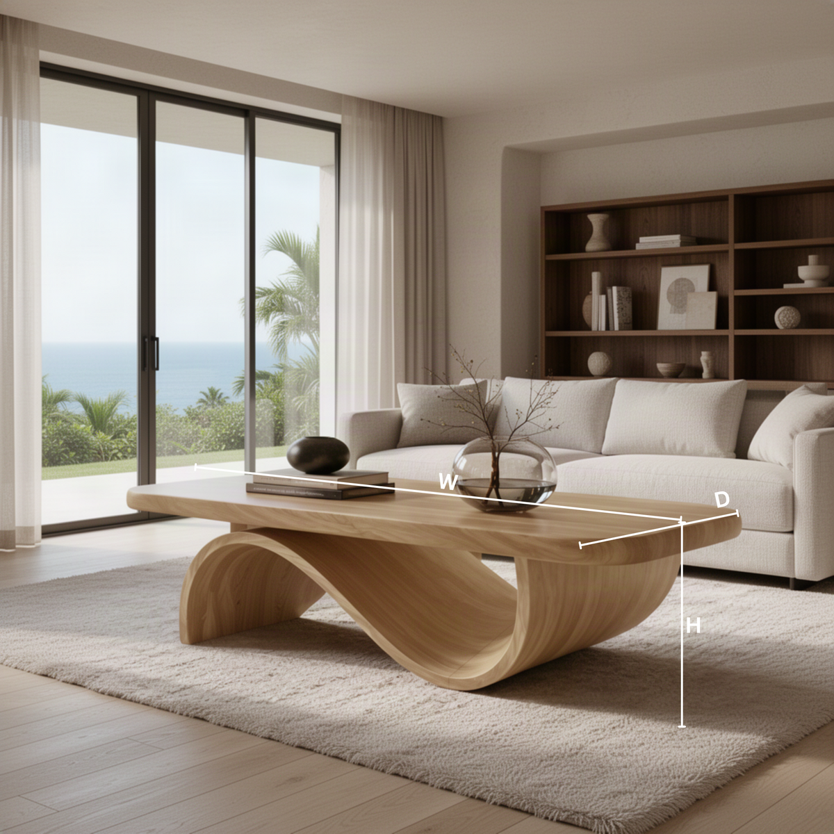 Ribbon Arc sculptural wood coffee table dimensions diagram showing the measurements of each available size