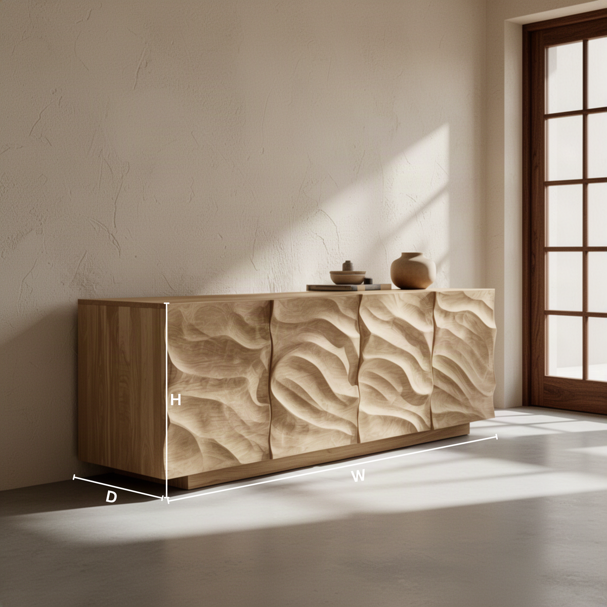 Wavora sculptural wood sideboard dimensions diagram showing the measurements of each available size