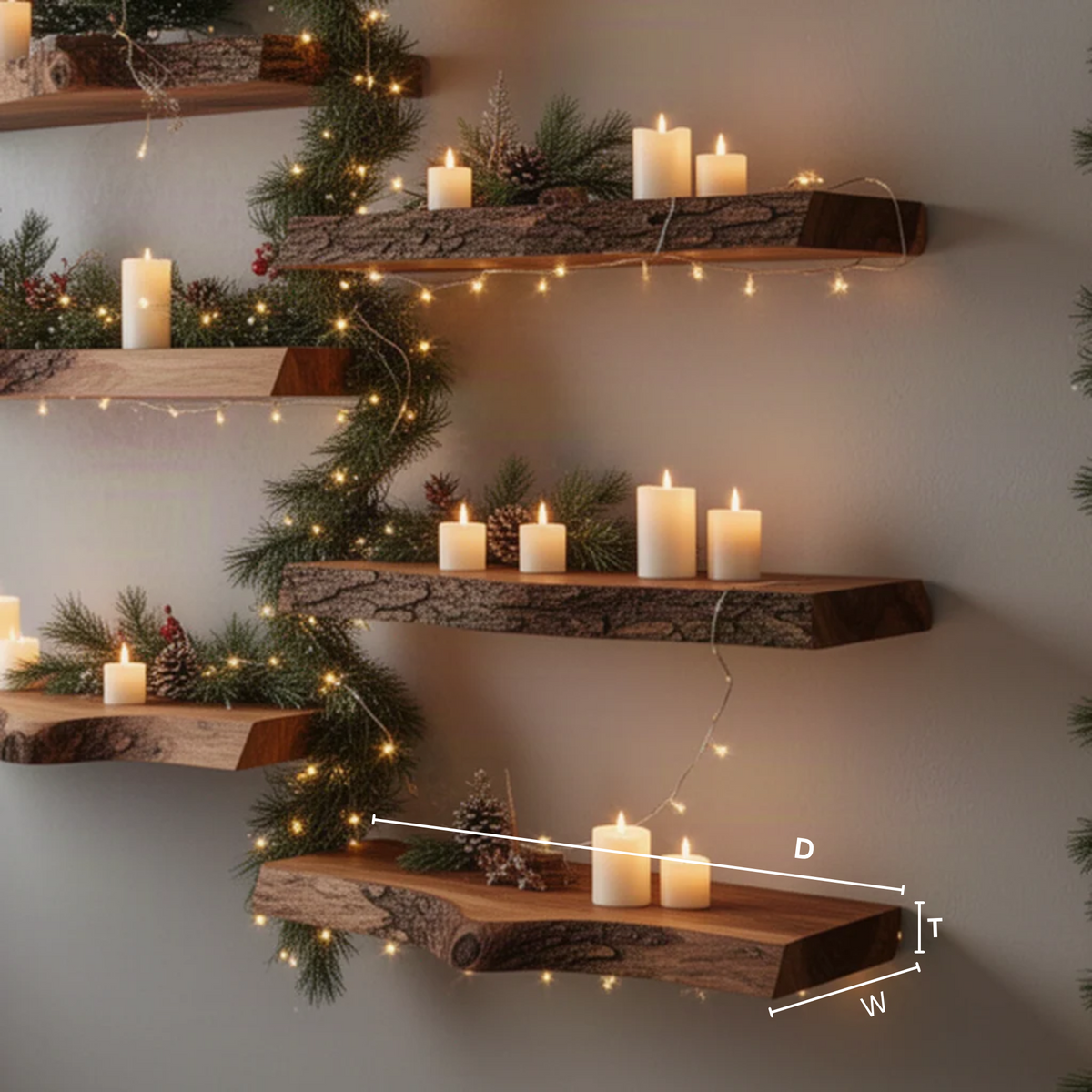 Driftwell live edge wood floating shelf dimensions diagram showing the measurements of each available size