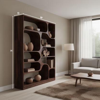 Calyra sculptural wood bookcase dimensions diagram showing the measurements of each available size