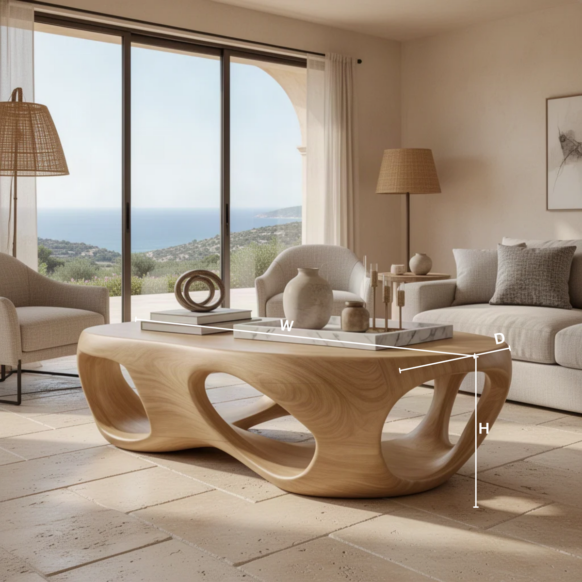 Flowform sculptural wood coffee table dimensions diagram showing the measurements of each available size