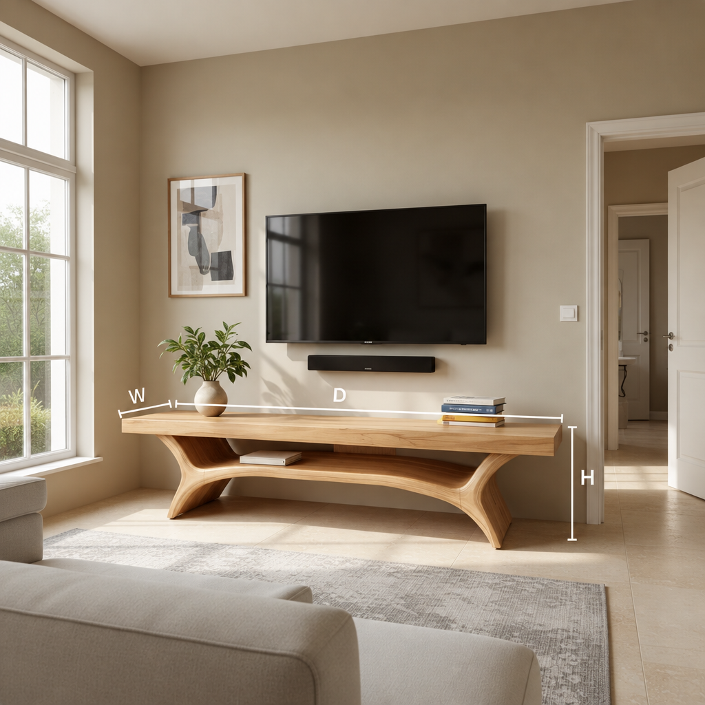Solenne sculptural wood TV stand dimensions diagram showing the measurements of each available size