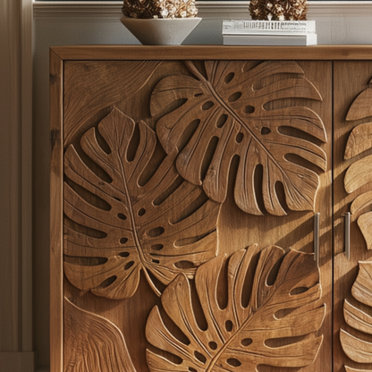 Hand Carved Monstera Leaf Cabinet – Botanical Wood Sideboard & 2 Door Credenza