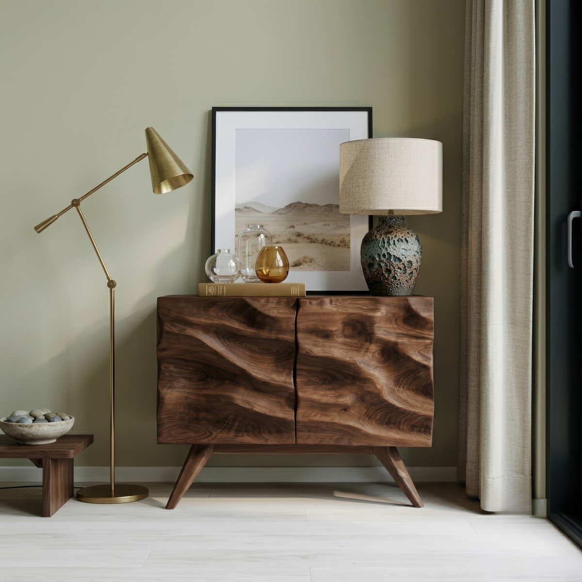 Hand Carved Wood Accent Cabinet – 2 Door Wave Credenza & Organic Modern Storage