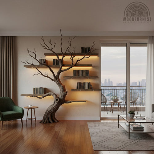 Handcrafted Floor-Standing Tree Bookshelf with Warm LED Lighting – Sculptural Solid Wood Bookcase WFNVA2092