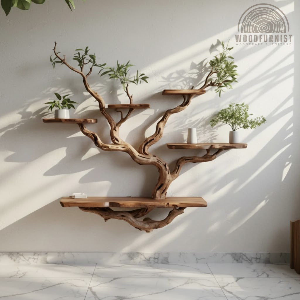 Floating Bookshelf – Tree Branch Wall-Mounted Bookcase for Rustic Home Decor WFNED2111