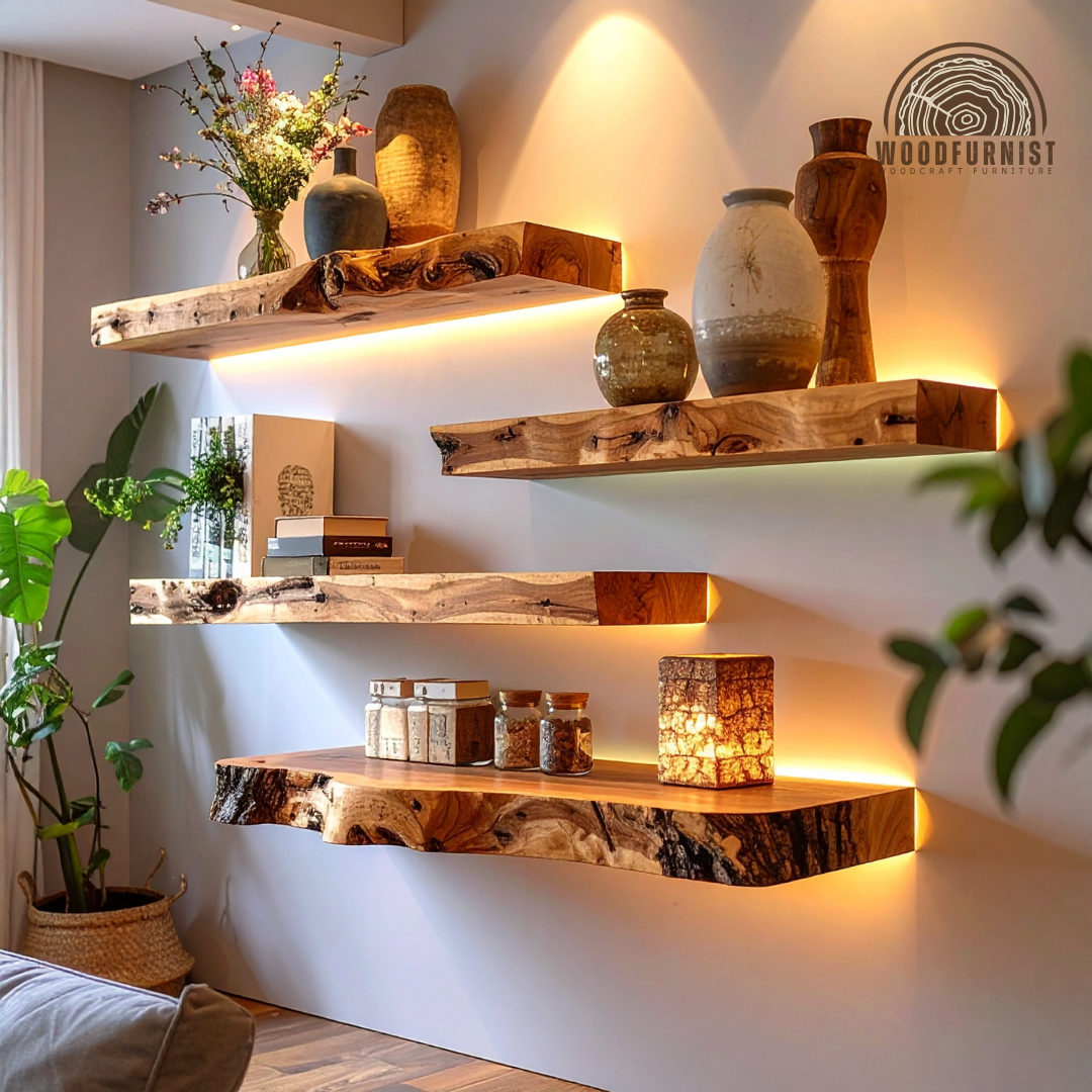 Live Edge Solid Wood Floating Shelf With Strip Light | Rustic Modern Wall Shelf for Home Decor