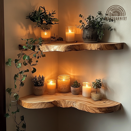 Handcrafted Rustic Corner Floating Wooden Shelf | Natural Live Edge Wall Shelf for Home Decor