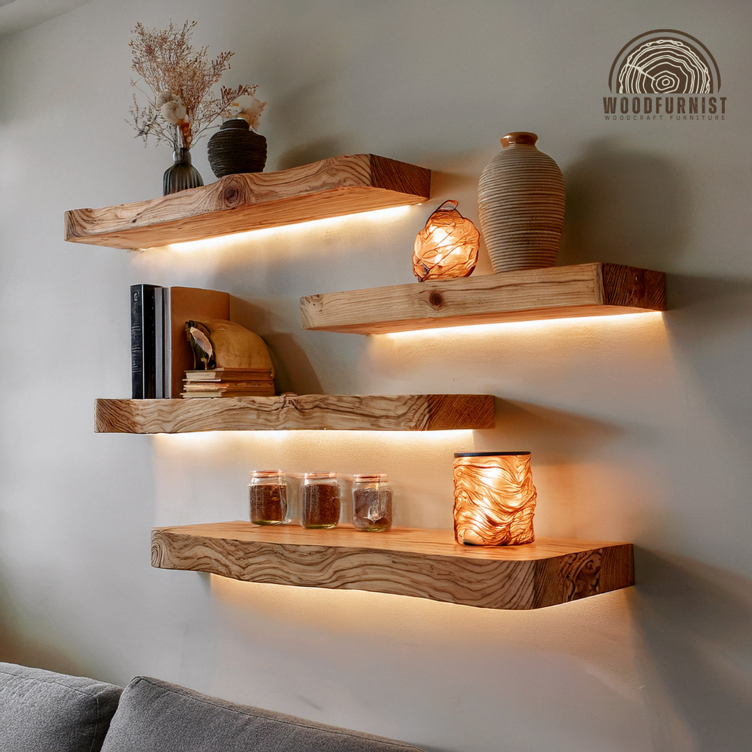 Handcrafted Live Edge Solid Wood Floating Shelf | Rustic Natural Floating Wall Shelf for Home Decor