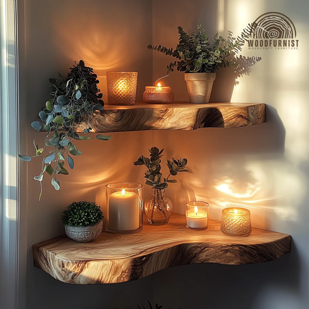 Handcrafted Rustic Corner Floating Wooden Shelf | Natural Live Edge Wall Shelf for Home Decor
