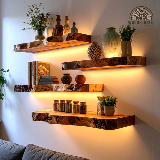 Live Edge Solid Wood Floating Shelf With Strip Light | Rustic Modern Wall Shelf for Home Decor