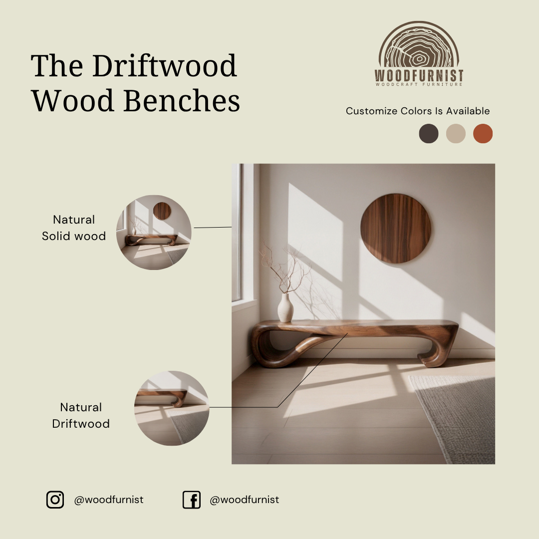 Organic Live Edge Solid Wood Bench with Sculpted Base