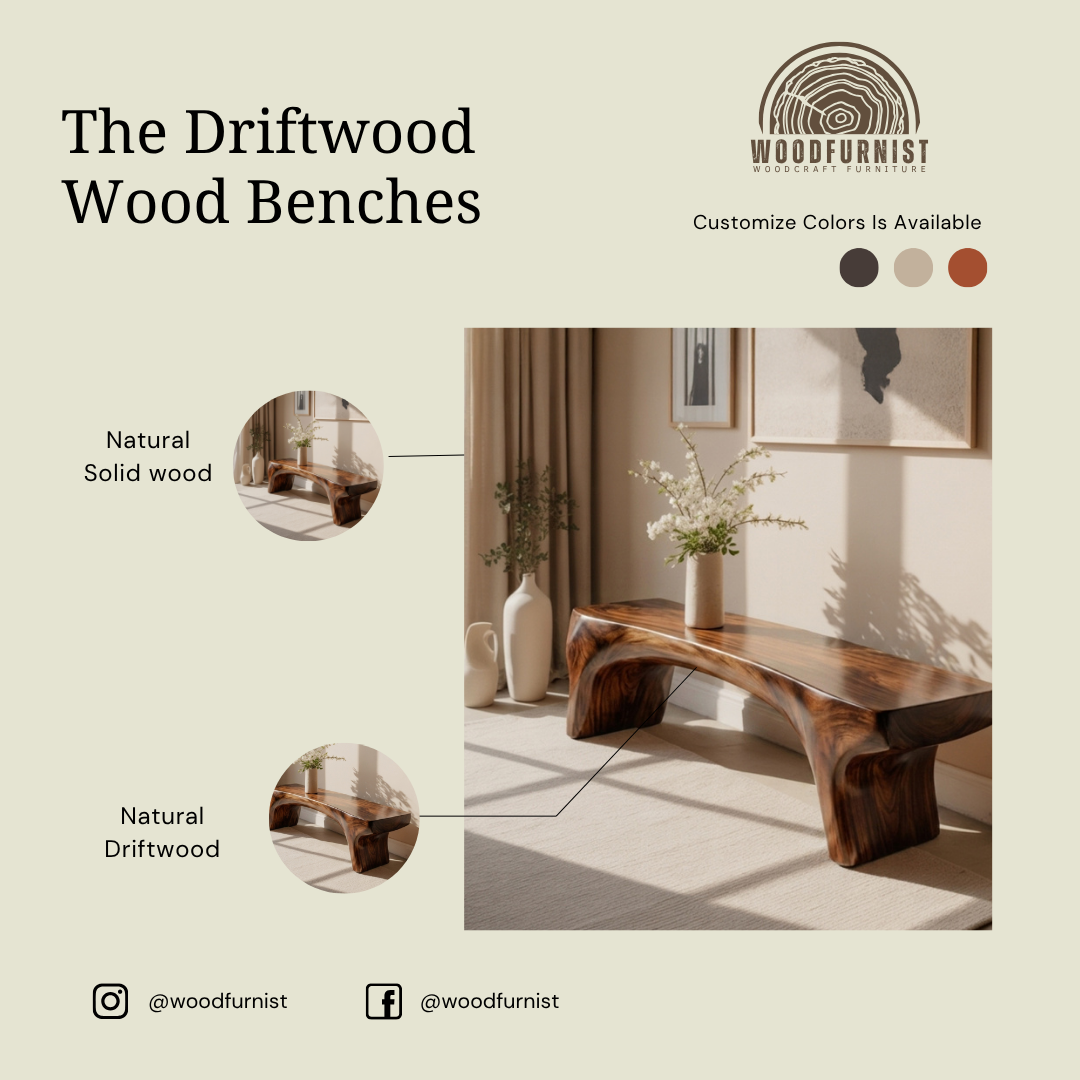 Live Edge Solid Wood Organic Bench - Handcrafted Natural Console Bench