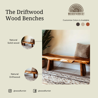 Live Edge Solid Wood Bench - Handcrafted Natural Wood Entryway Bench
