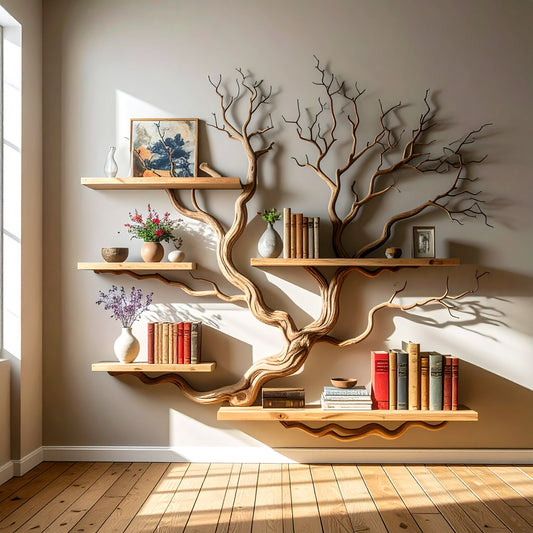 Floating bookshelf tree branch wall art solid wood unique