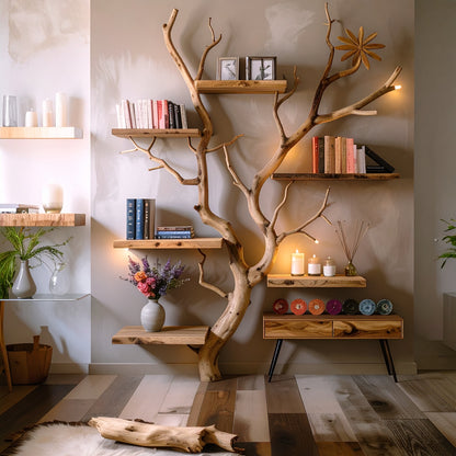 Driftwood shelf art wall mount tree branch bookshelf solid wood bookcase home decor