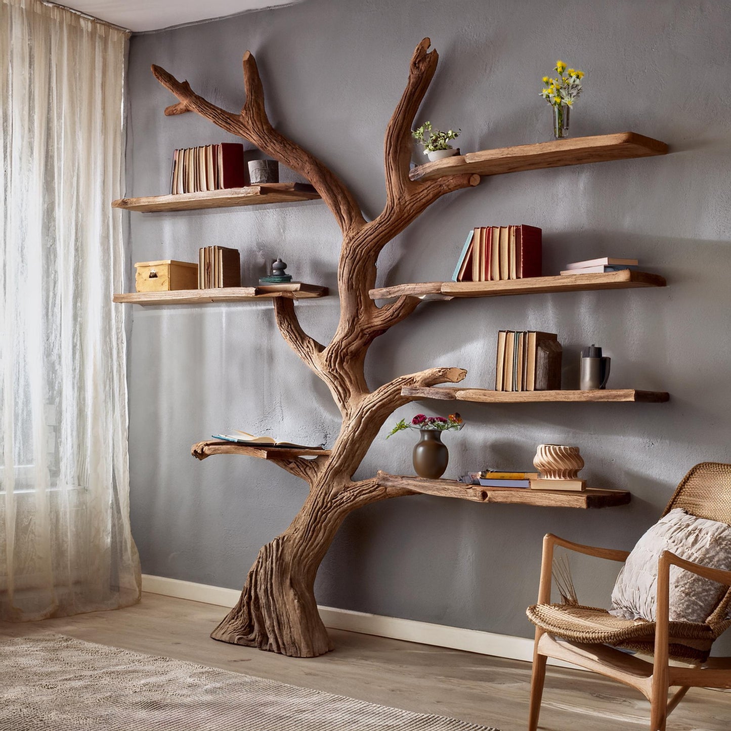 Tree branch bookshelf decor carving floating bookshelf wall mount