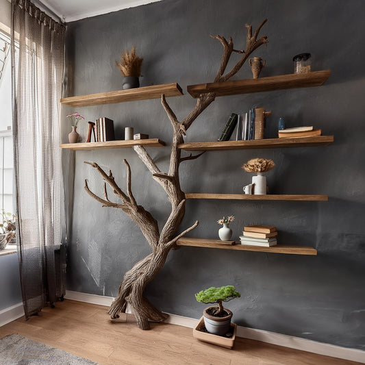 Handcrafted Black Tree Branch Wall-Mounted Bookshelf