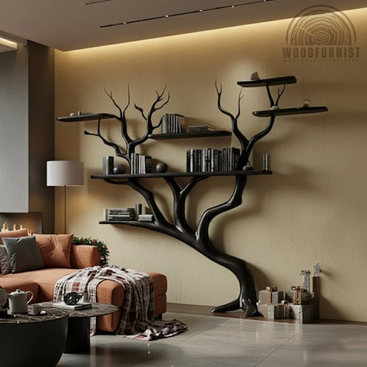 Modern Black Tree Branch Bookshelf – Handmade Wall Shelf Statement Piece WFNVA2039