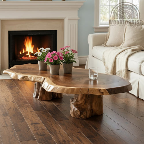 Handmade Live Edge Solid Wood Coffee Table – Organic Wood Slab Table with Natural Tree Base for Modern Farmhouse Living Room WFNED2178