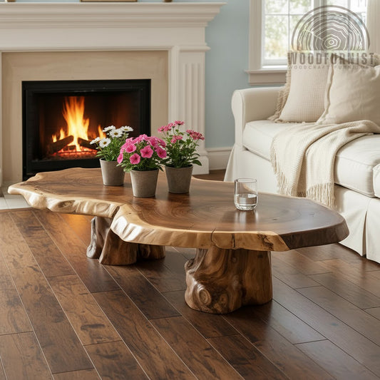 Handmade Live Edge Solid Wood Coffee Table – Organic Wood Slab Table with Natural Tree Base for Modern Farmhouse Living Room WFNED2178