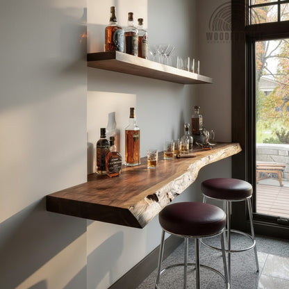 Live Edge Solid Wood Floating Bar Table – Handcrafted Wall-Mounted Bar Shelf WFNED2133