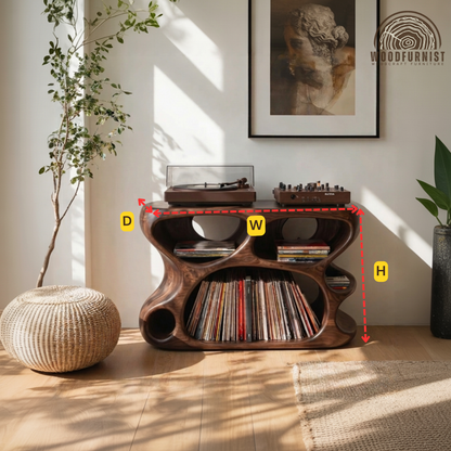 Handcrafted Sculptural Wood Vinyl Record Cabinet – Solid Wood Turntable Stand, Organic LP Storage Console, Modern Music Room Furniture