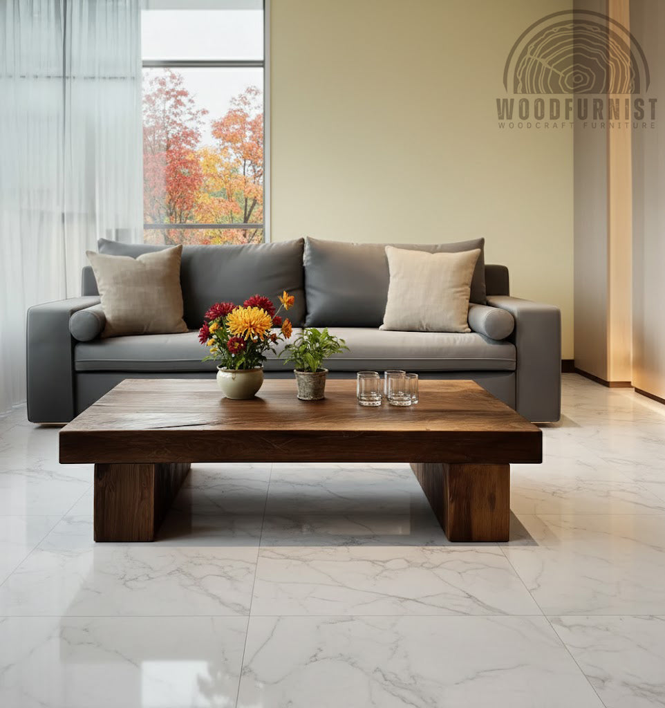 Handmade Solid Wood Coffee Table – Minimalist Rustic Low Table with Block Legs for Modern Living Room WFNED2176