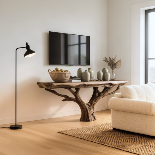 Elmora sculptural wood console table in Natural Wood with live-edge top on a tree branch base under a wall-mounted TV, shown in size L (70"W)