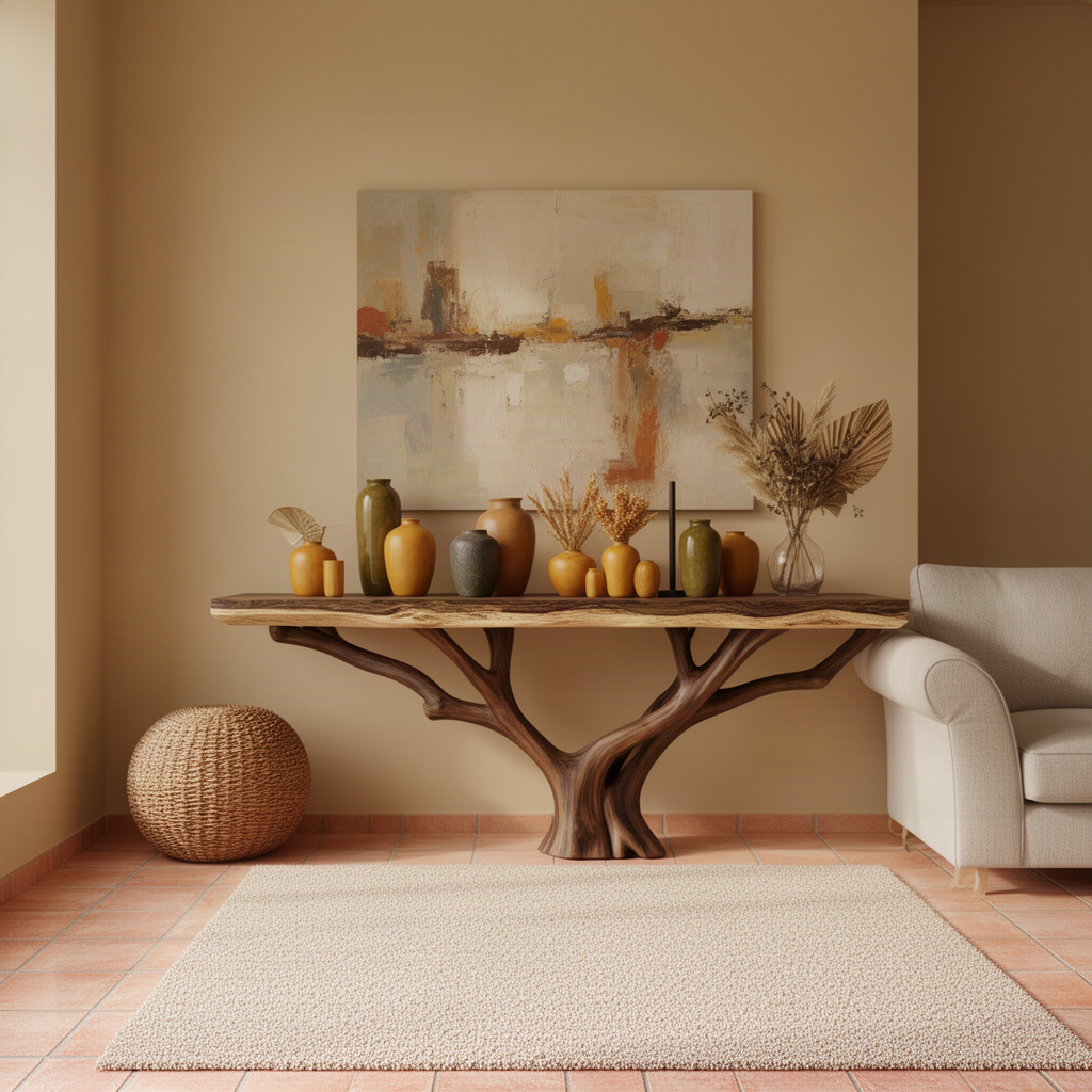 Elmora sculptural wood console table in Brown finish with tree branch base, styled with vases in a living room, shown in size L (70"W)