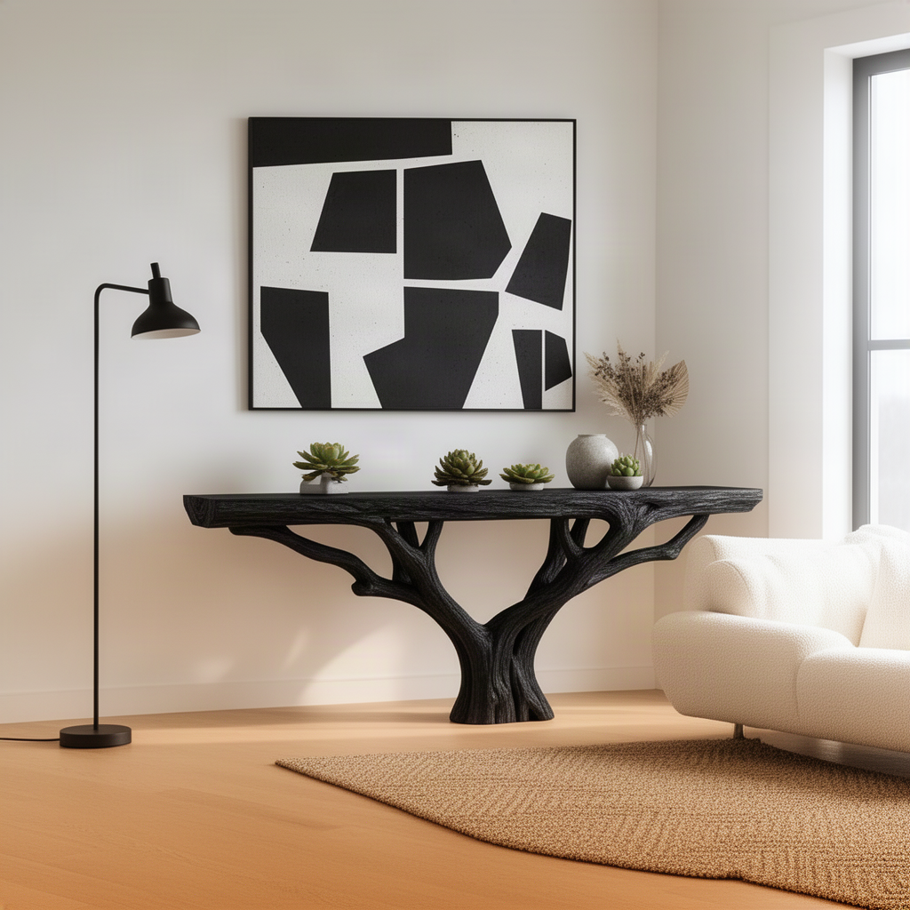 Elmora sculptural wood console table in Black finish with sculpted tree branch base and natural live-edge top, shown in size L (70"W)